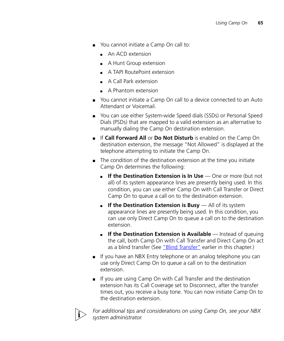 You cannot initiate a camp on call to, An acd extension, A hunt group extension | A tapi routepoint extension, A call park extension, A phantom extension | 3Com NBX 3101SP User Manual | Page 65 / 154