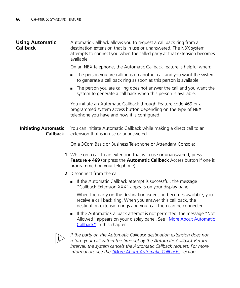 Using automatic callback, Initiating automatic callback, Using automatic callback 66 | Initiating automatic callback 66 | 3Com NBX 3101SP User Manual | Page 66 / 154