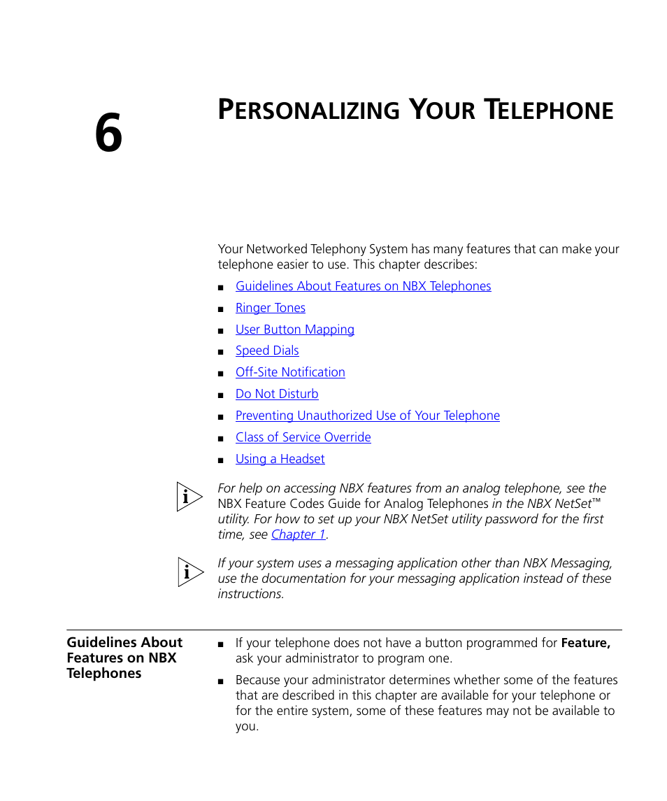 Personalizing your telephone, Guidelines about features on nbx telephones, Ersonalizing | Elephone, Guidelines about features on nbx telephones 69, Chapter 6, However | 3Com NBX 3101SP User Manual | Page 69 / 154