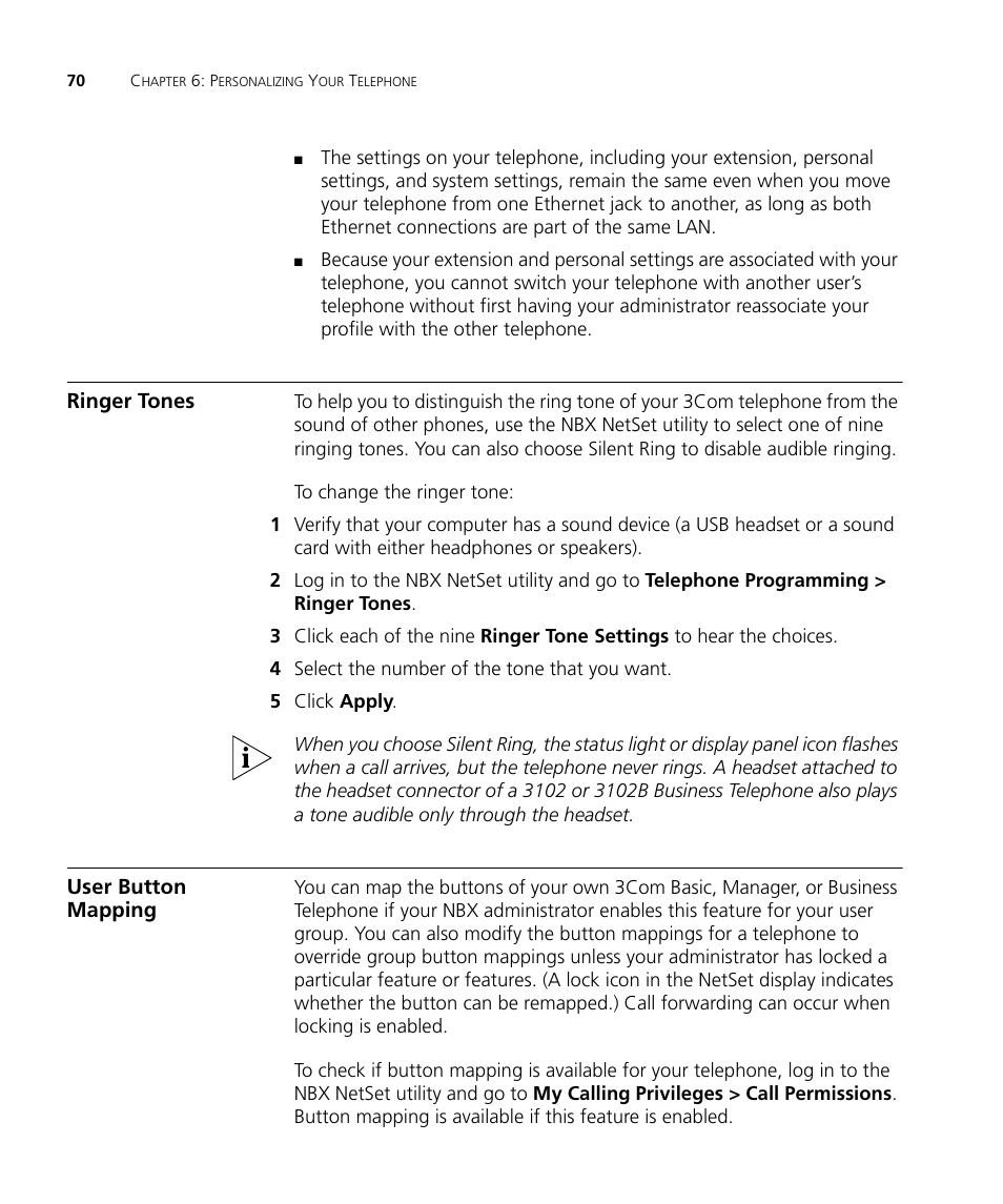 Ringer tones, User button mapping, Ringer tones 70 user button mapping 70 | 3Com NBX 3101SP User Manual | Page 70 / 154
