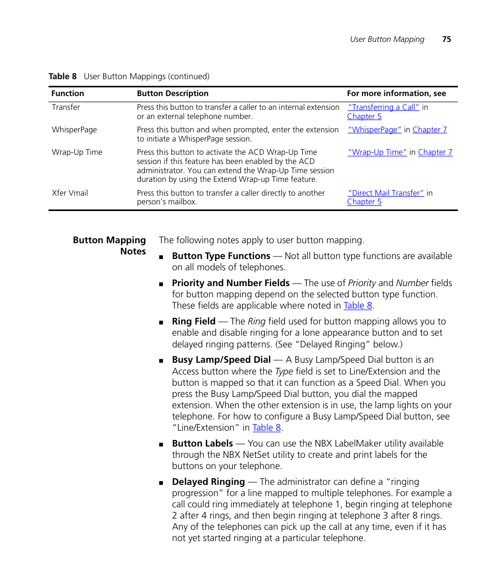 Button mapping notes, Button mapping notes 75 | 3Com NBX 3101SP User Manual | Page 75 / 154