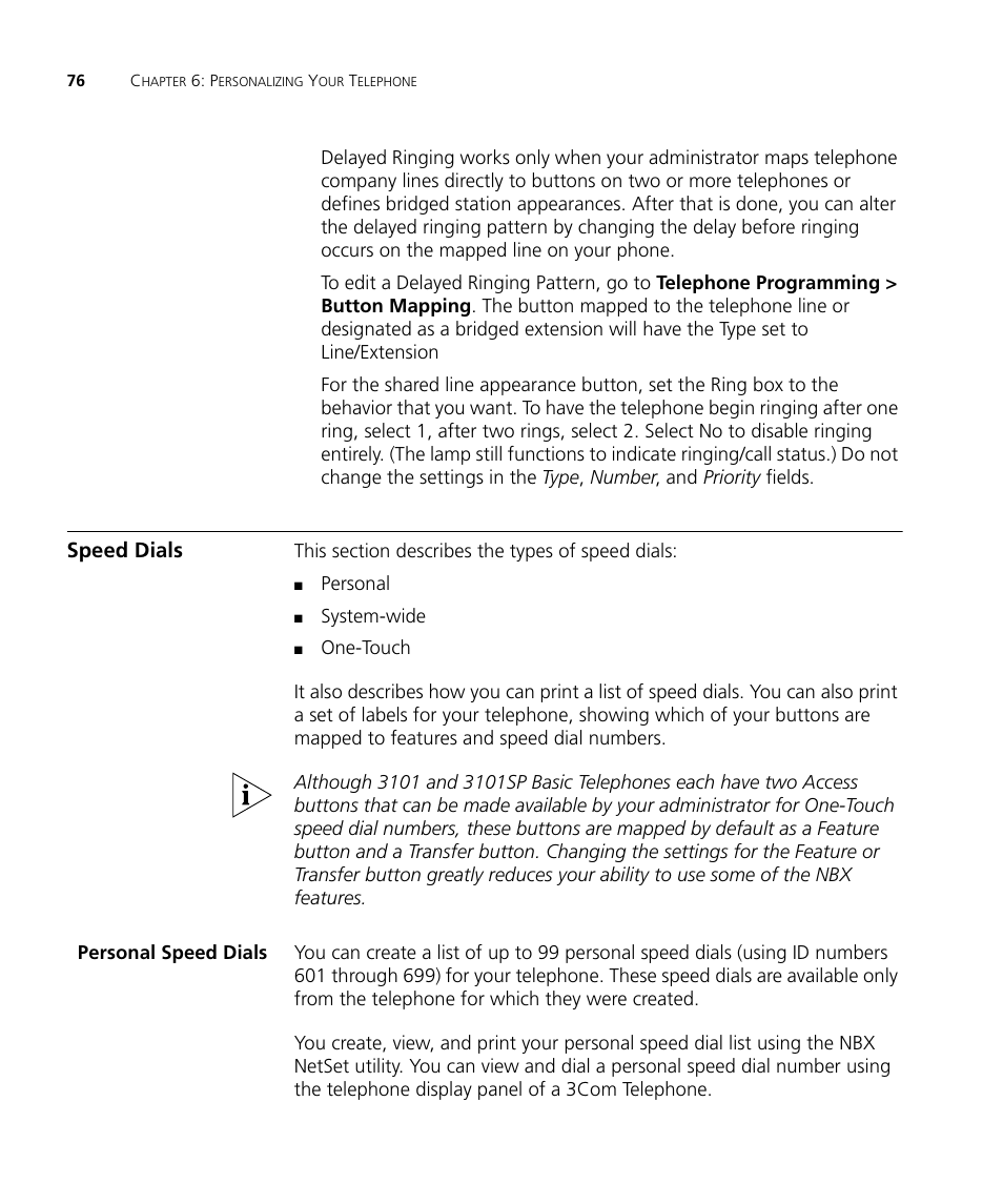 Speed dials, Personal speed dials, Speed dials 76 | Personal speed dials 76, Later in | 3Com NBX 3101SP User Manual | Page 76 / 154