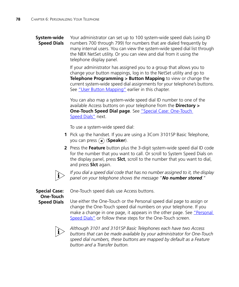 System-wide speed dials, Special case: one-touch speed dials | 3Com NBX 3101SP User Manual | Page 78 / 154
