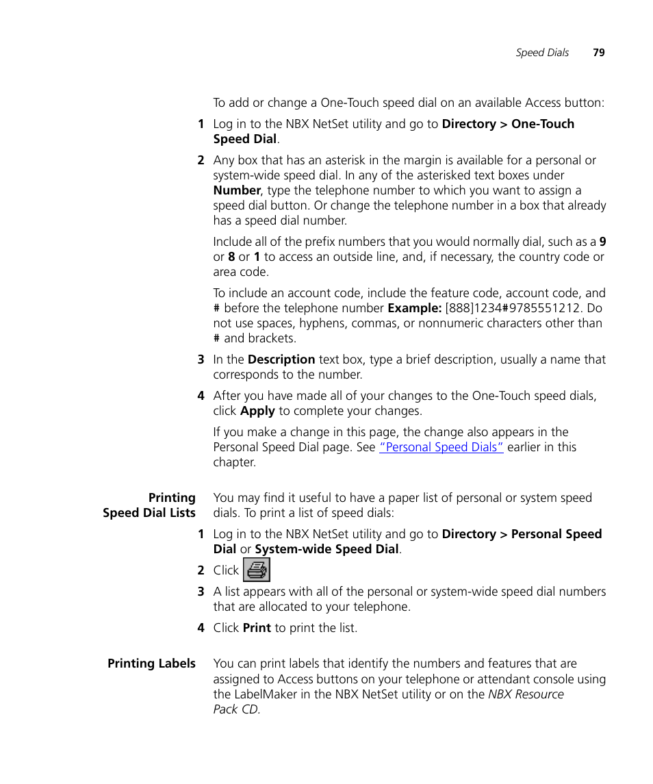 Printing speed dial lists, Printing labels, Printing speed dial lists 79 printing labels 79 | 3Com NBX 3101SP User Manual | Page 79 / 154