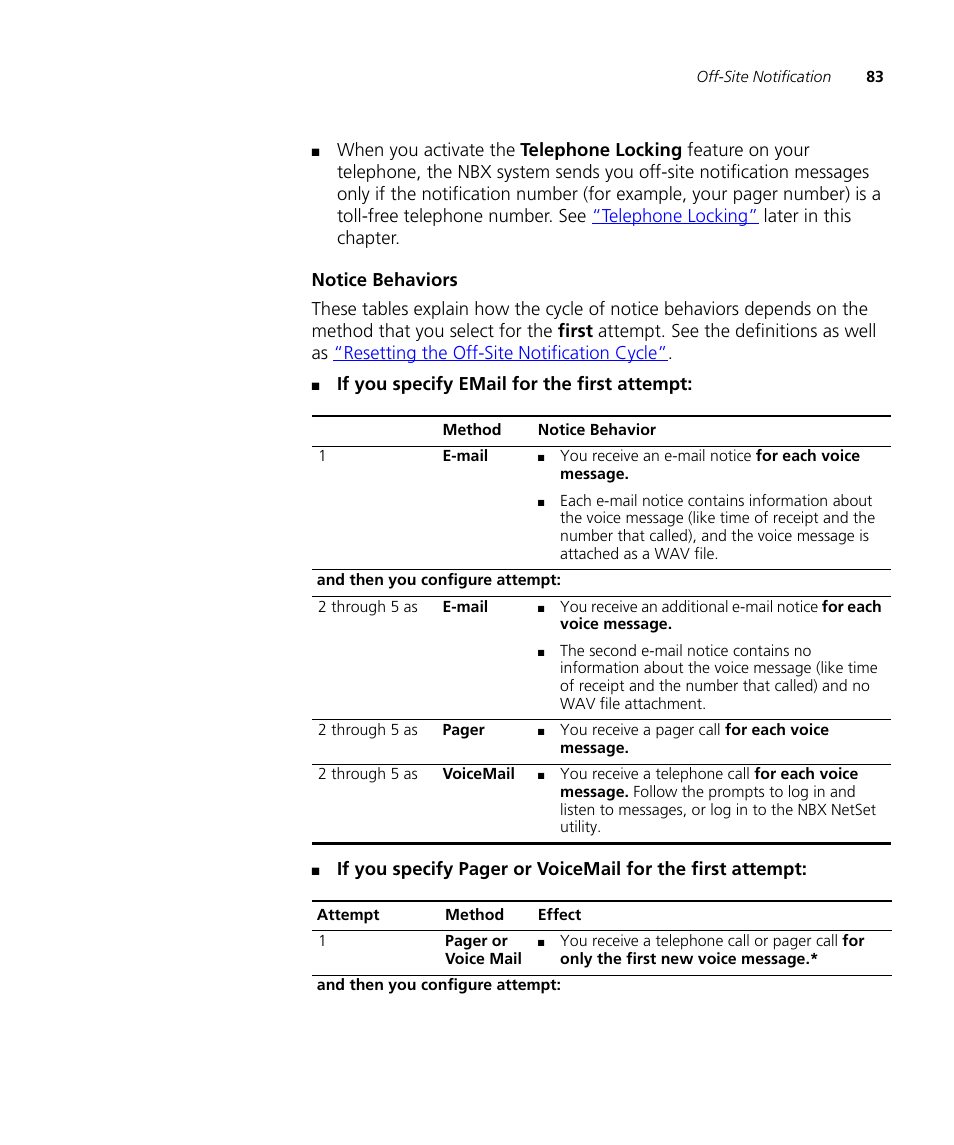 Notice behaviors, If you specify email for the first attempt | 3Com NBX 3101SP User Manual | Page 83 / 154