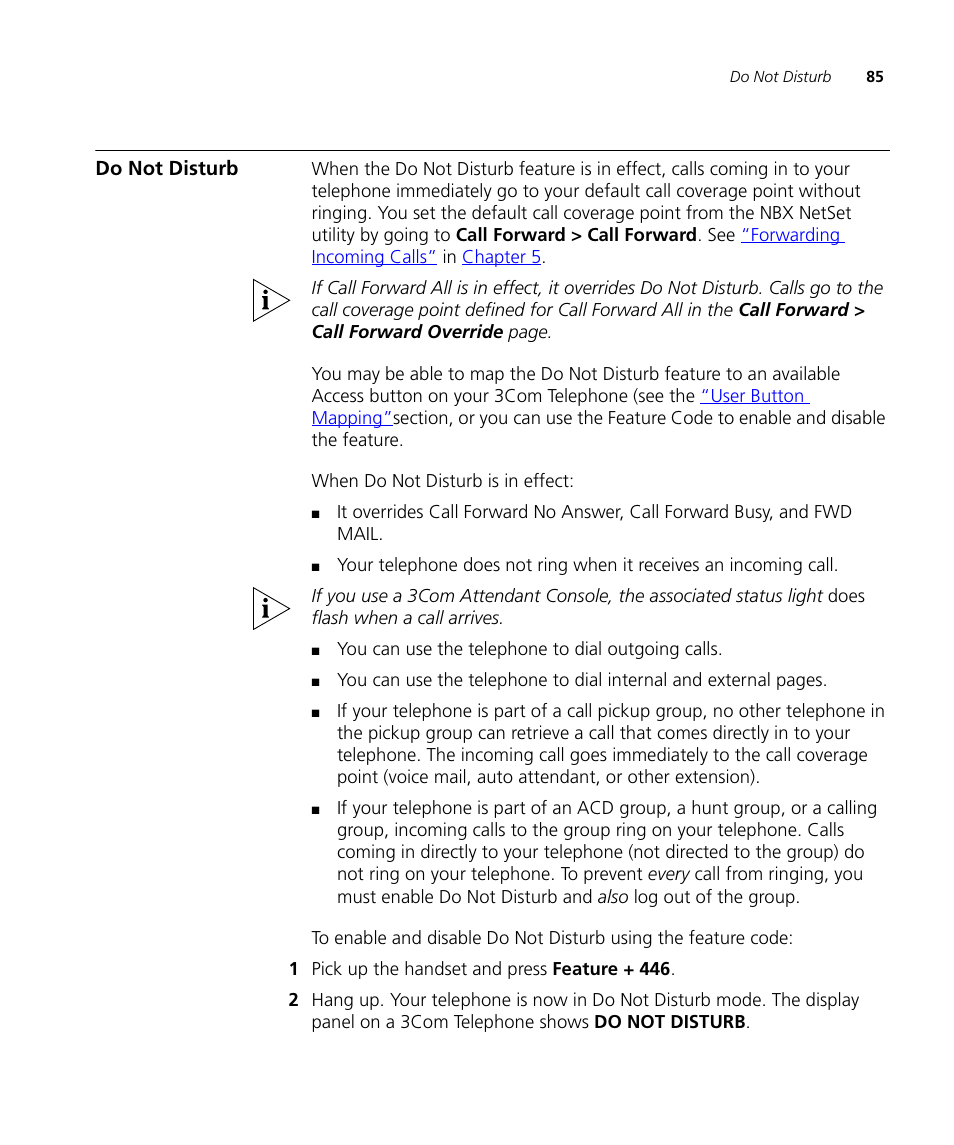 Do not disturb, Do not disturb 85 | 3Com NBX 3101SP User Manual | Page 85 / 154
