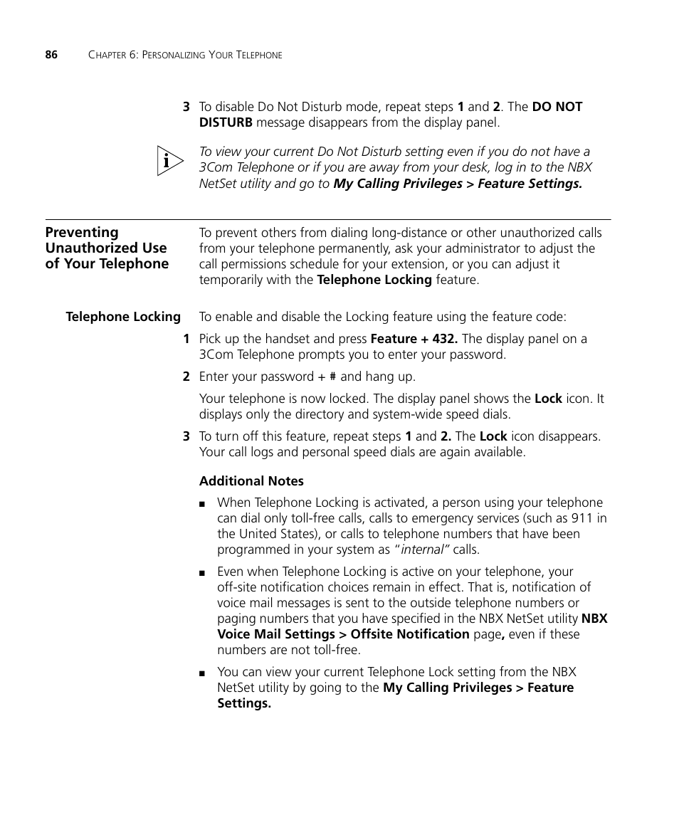 Preventing unauthorized use of your telephone, Telephone locking, Preventing unauthorized use of your telephone 86 | Telephone locking 86, Later in | 3Com NBX 3101SP User Manual | Page 86 / 154