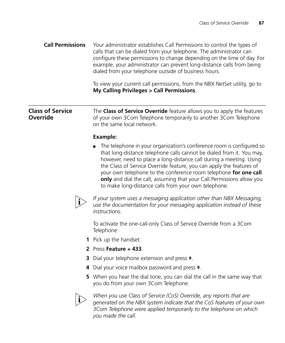 Call permissions, Class of service override, Call permissions 87 | Class of service override 87 | 3Com NBX 3101SP User Manual | Page 87 / 154