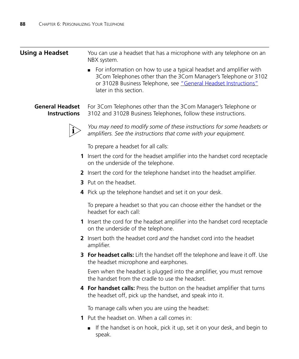 Using a headset, General headset instructions, Using a headset 88 | General headset instructions 88 | 3Com NBX 3101SP User Manual | Page 88 / 154