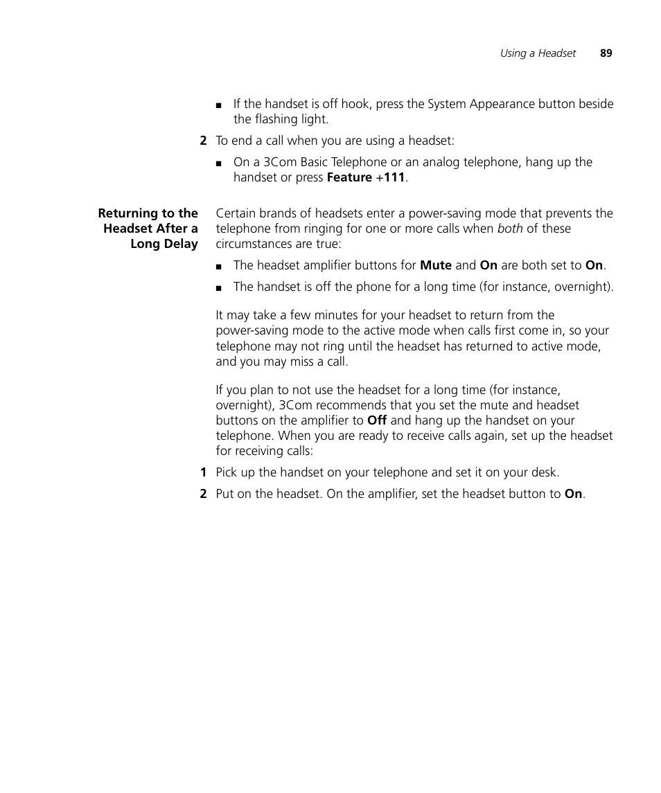 Returning to the headset after a long delay, Returning to the headset after a long delay 89 | 3Com NBX 3101SP User Manual | Page 89 / 154