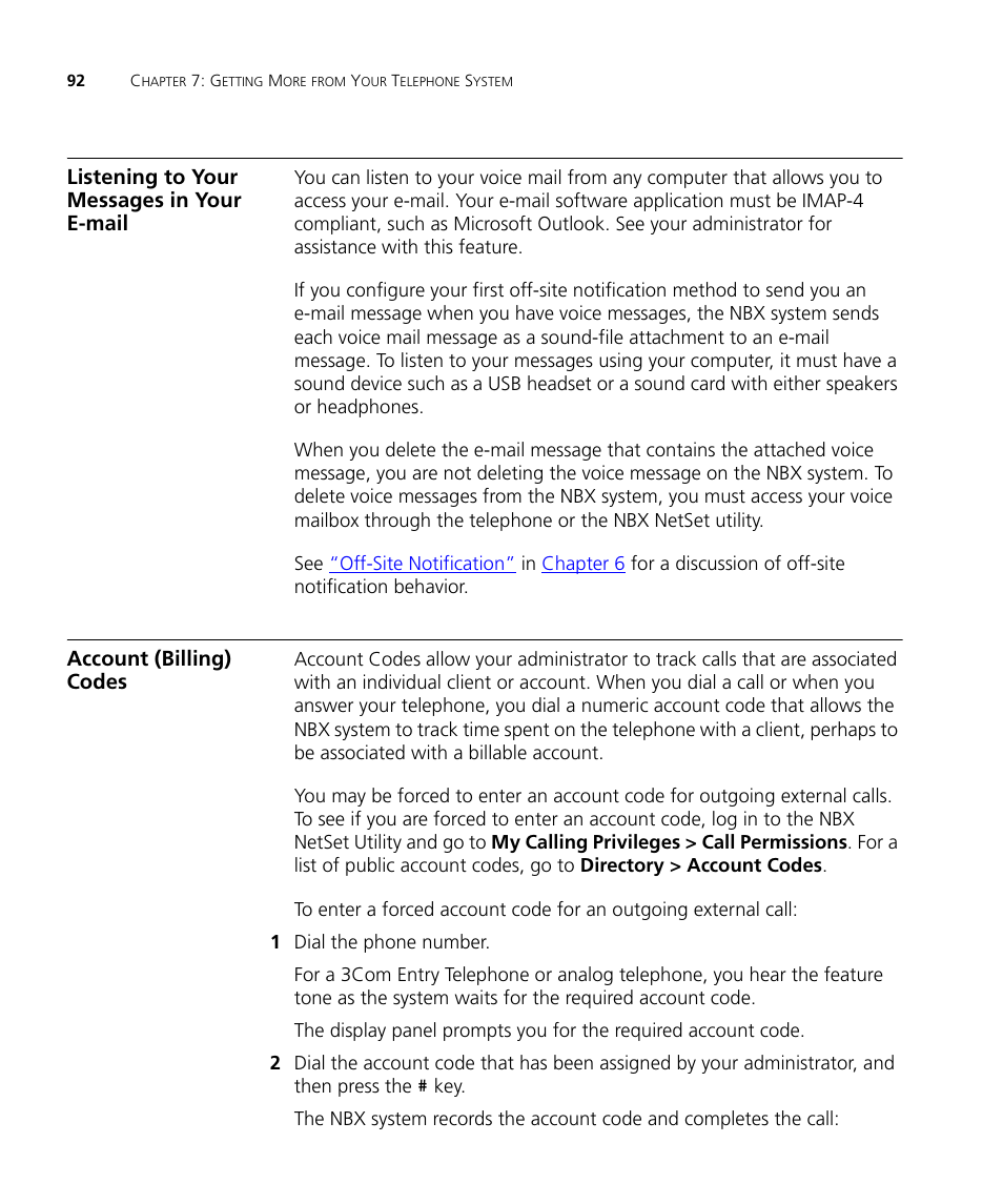 Listening to your messages in your e-mail, Account (billing) codes, Listening to your messages in your | E-mail | 3Com NBX 3101SP User Manual | Page 92 / 154