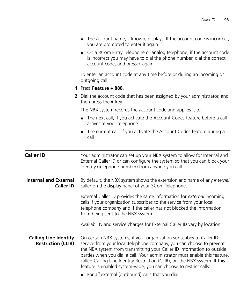Caller id, Internal and external caller id, Calling line identity restriction (clir) | Caller id 93 | 3Com NBX 3101SP User Manual | Page 93 / 154