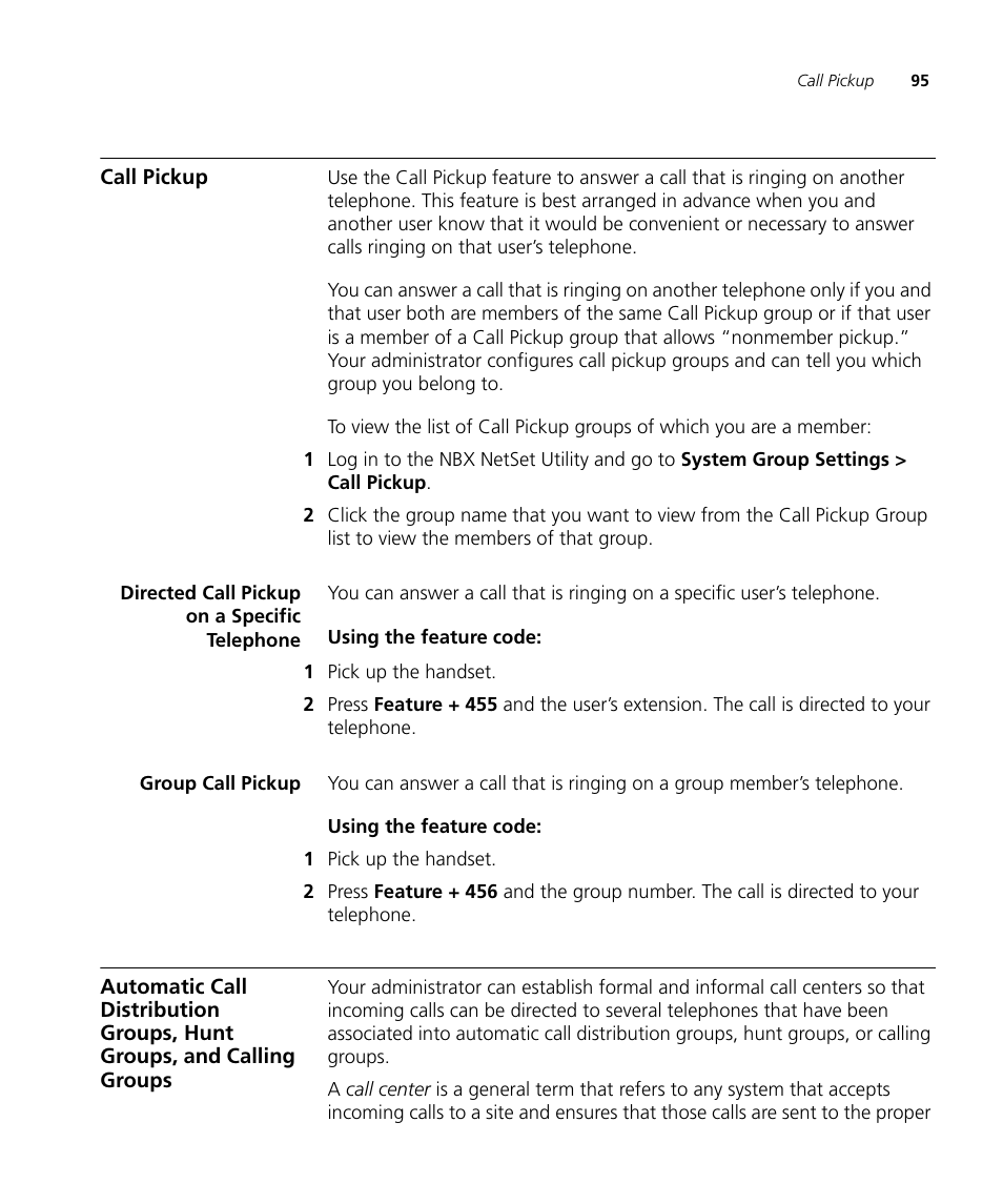 Call pickup, Directed call pickup on a specific telephone, Group call pickup | Call pickup 95, Oup. see, Automatic call distribution groups, hunt groups, And calling groups, Automatic call distribution, Groups, hunt groups, and calling groups | 3Com NBX 3101SP User Manual | Page 95 / 154
