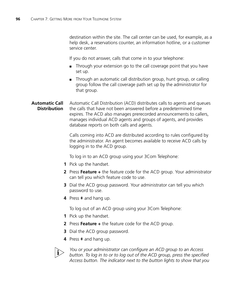 Automatic call distribution, Automatic call distribution 96 | 3Com NBX 3101SP User Manual | Page 96 / 154