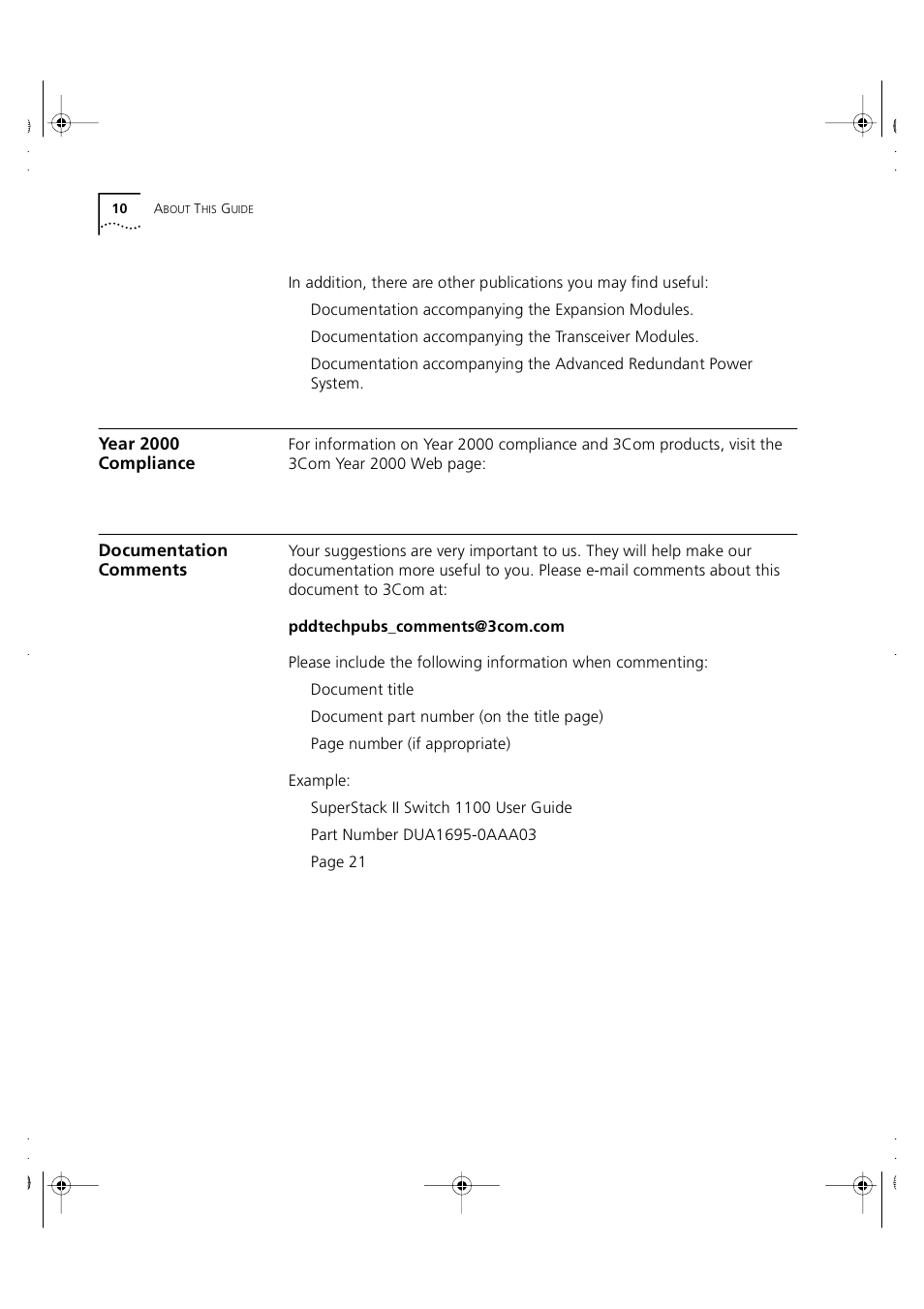 Year 2000 compliance, Documentation comments | 3Com 3C16951 User Manual | Page 10 / 60