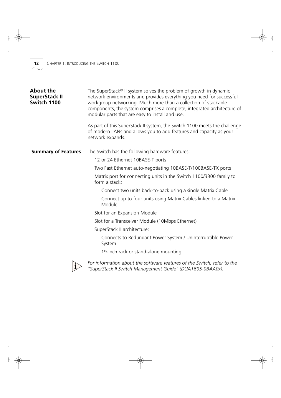 About the superstack ii switch 1100, Summary of features | 3Com 3C16951 User Manual | Page 12 / 60