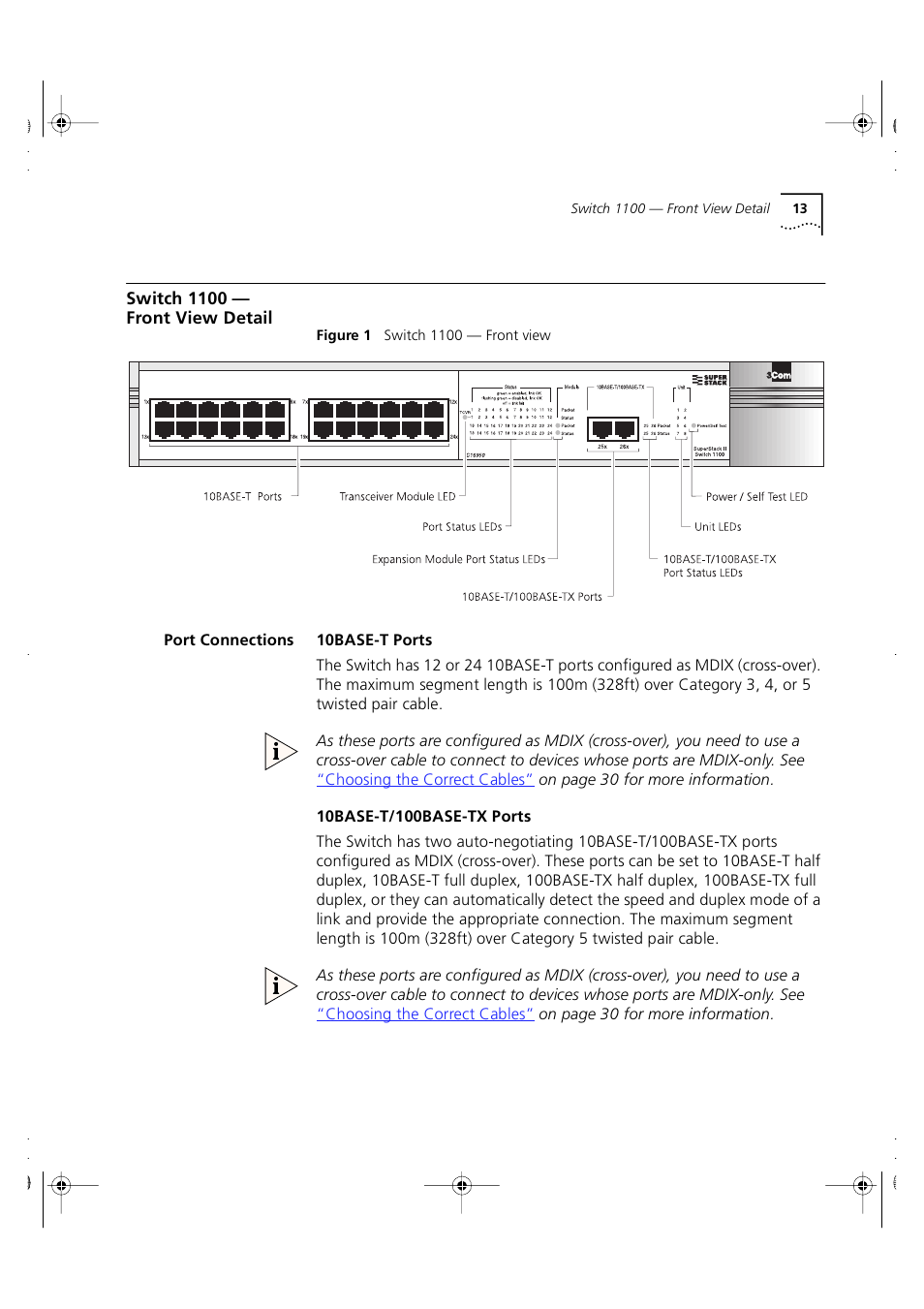Switch 1100 — front view detail, Port connections | 3Com 3C16951 User Manual | Page 13 / 60