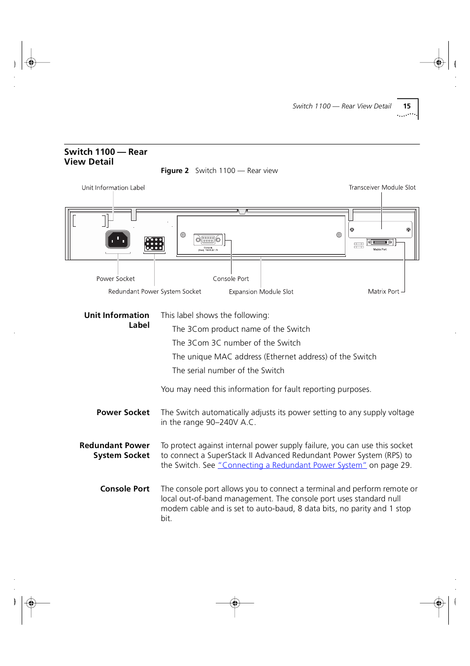 Switch 1100 — rear view detail, Unit information label, Power socket | Redundant power system socket, Console port | 3Com 3C16951 User Manual | Page 15 / 60