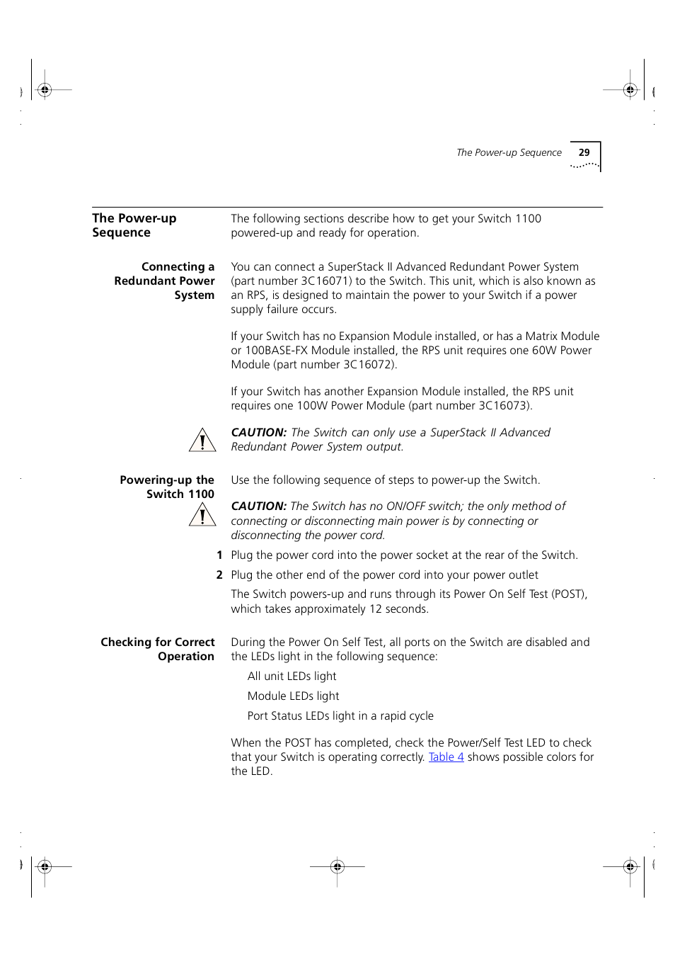 The power-up sequence, Connecting a redundant power system, Powering-up the switch 1100 | Checking for correct operation | 3Com 3C16951 User Manual | Page 29 / 60