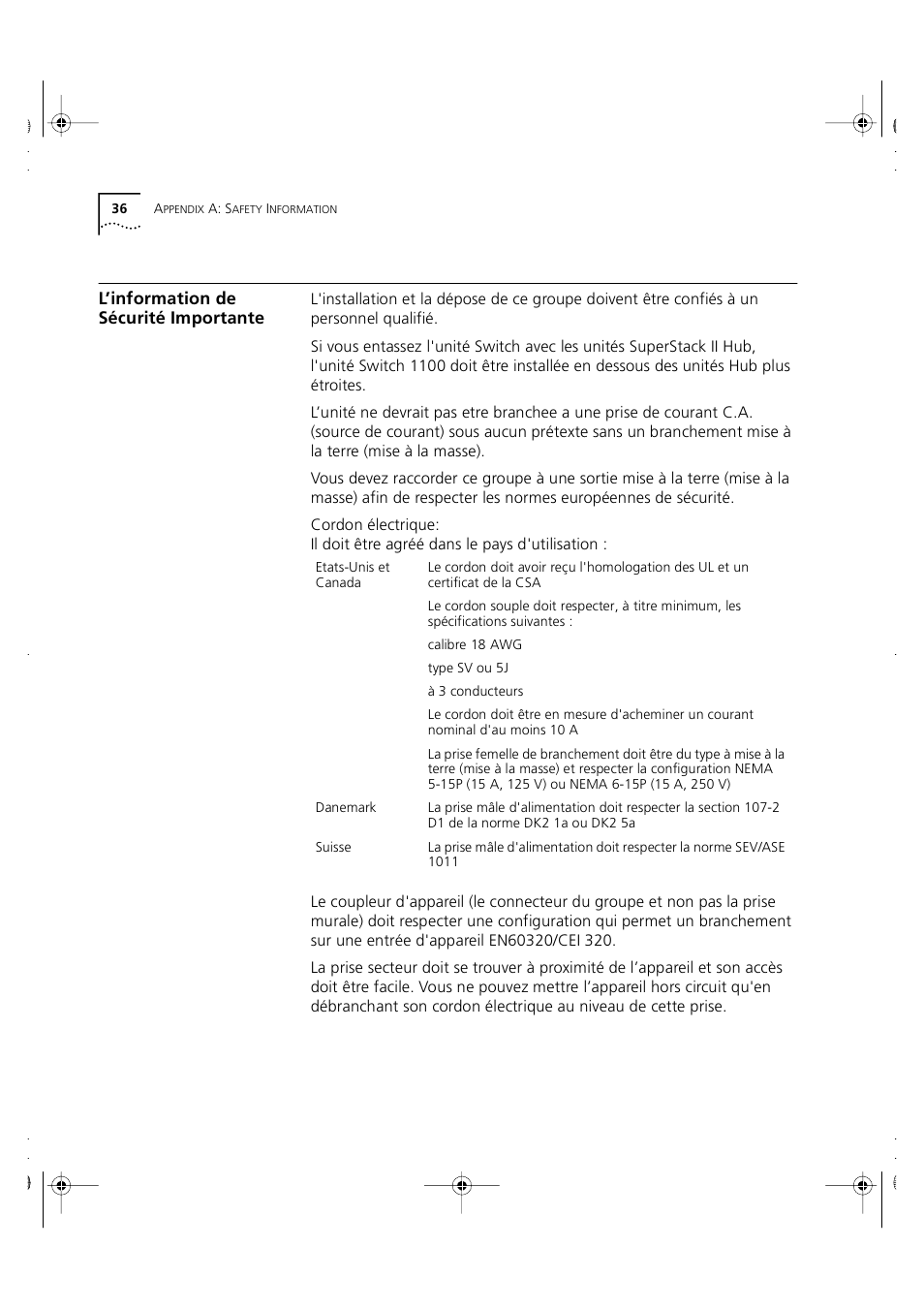L’information de sécurité importante | 3Com 3C16951 User Manual | Page 36 / 60