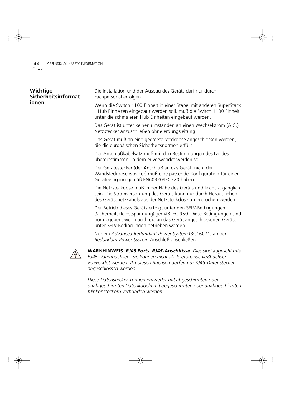 Wichtige sicherheitsinformat ionen, Wichtige sicherheitsinformationen | 3Com 3C16951 User Manual | Page 38 / 60