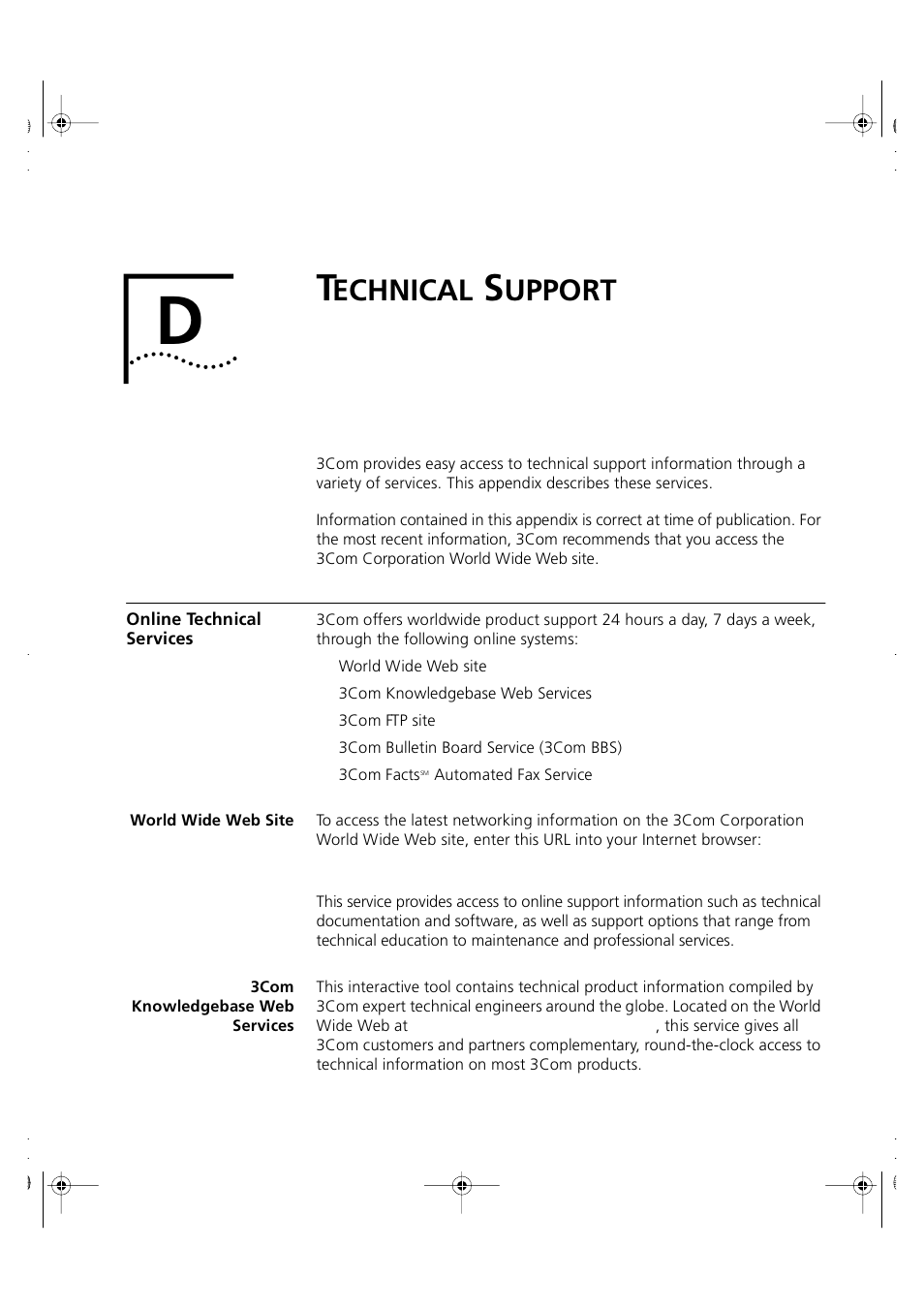 Technical support, Online technical services, World wide web site | 3com knowledgebase web services, Echnical, Upport | 3Com 3C16951 User Manual | Page 43 / 60