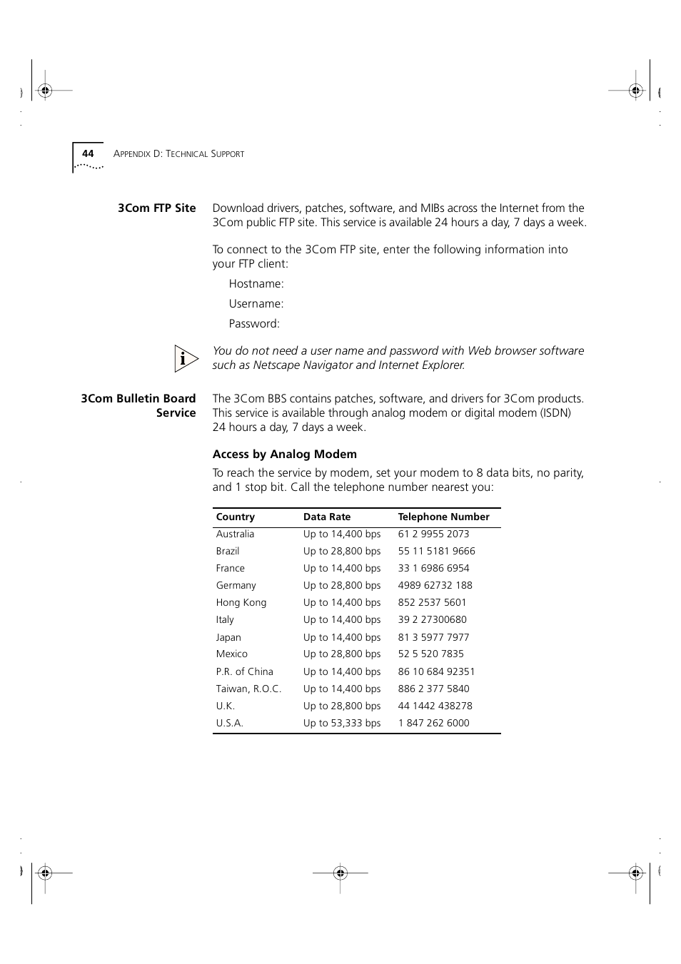 3com ftp site, 3com bulletin board service | 3Com 3C16951 User Manual | Page 44 / 60