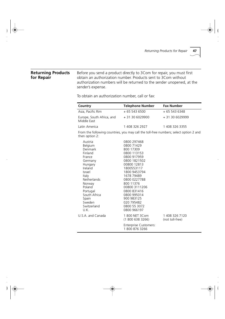 Returning products forrepair, Returning products for repair | 3Com 3C16951 User Manual | Page 47 / 60