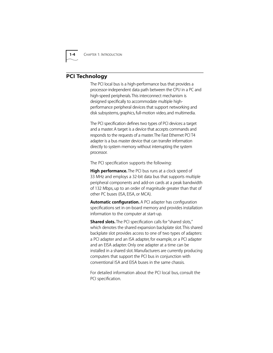 Pci technology, Pci technology 1-4 | 3Com 10/100BASE-T4 User Manual | Page 15 / 72