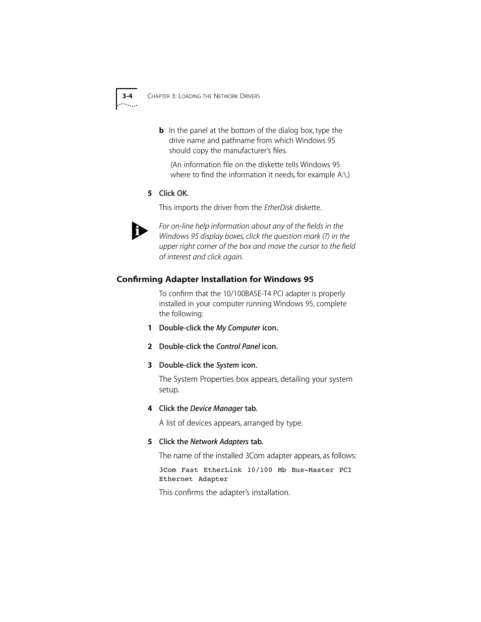 Confirming adapter installation for windows 95, Confirming adapter installation for windows 95 3-4 | 3Com 10/100BASE-T4 User Manual | Page 24 / 72