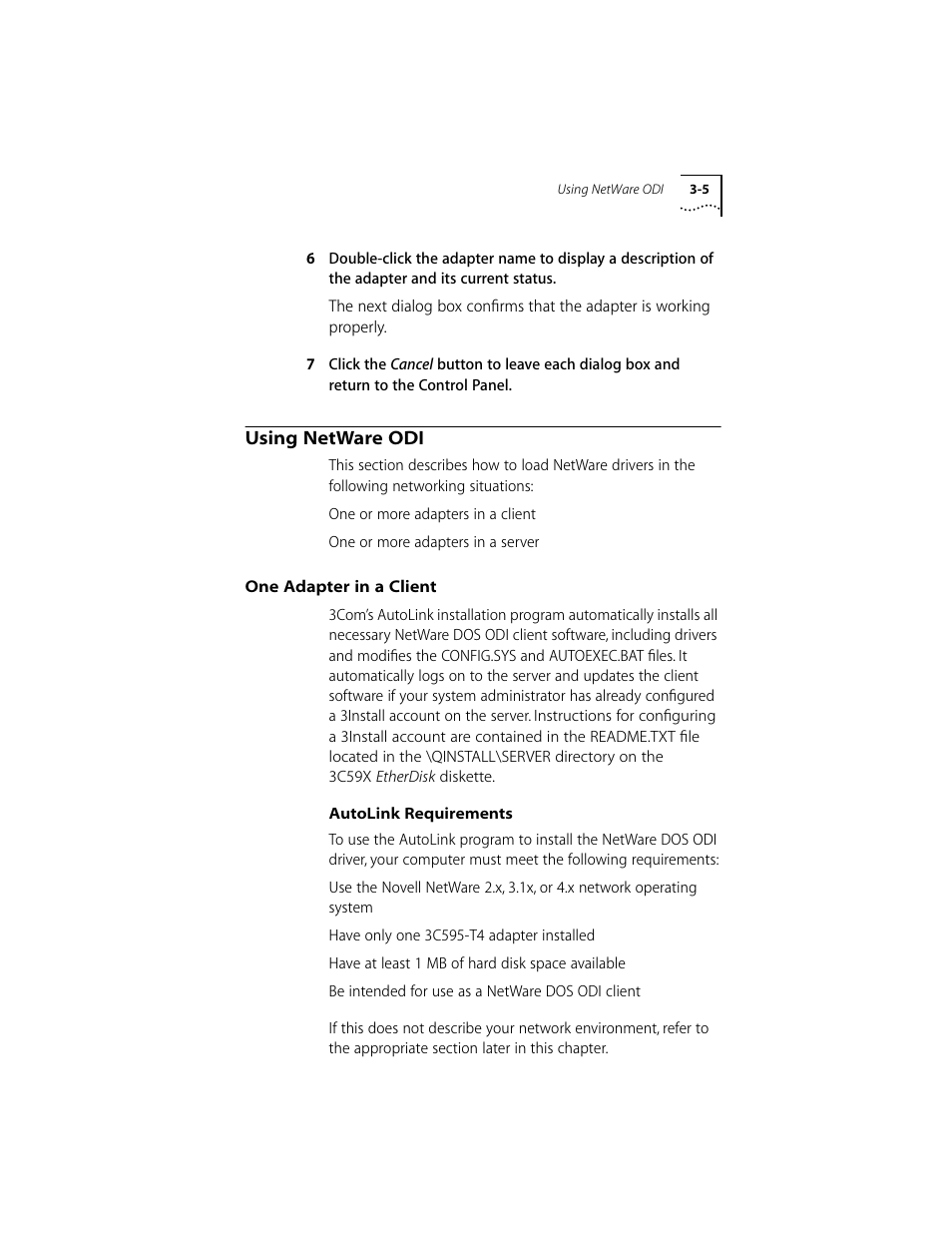 Using netware odi, One adapter in a client, Autolink requirements | Using netware odi 3-5, One adapter in a client 3-5, Autolink requirements 3-5, One adapter in a client” under “using netware odi | 3Com 10/100BASE-T4 User Manual | Page 25 / 72