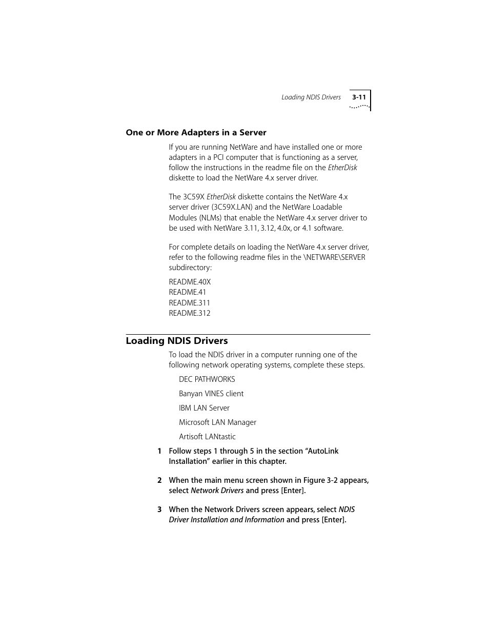 One or more adapters in a server, Loading ndis drivers, One or more adapters in a server 3-11 | Loading ndis drivers 3-11 | 3Com 10/100BASE-T4 User Manual | Page 31 / 72