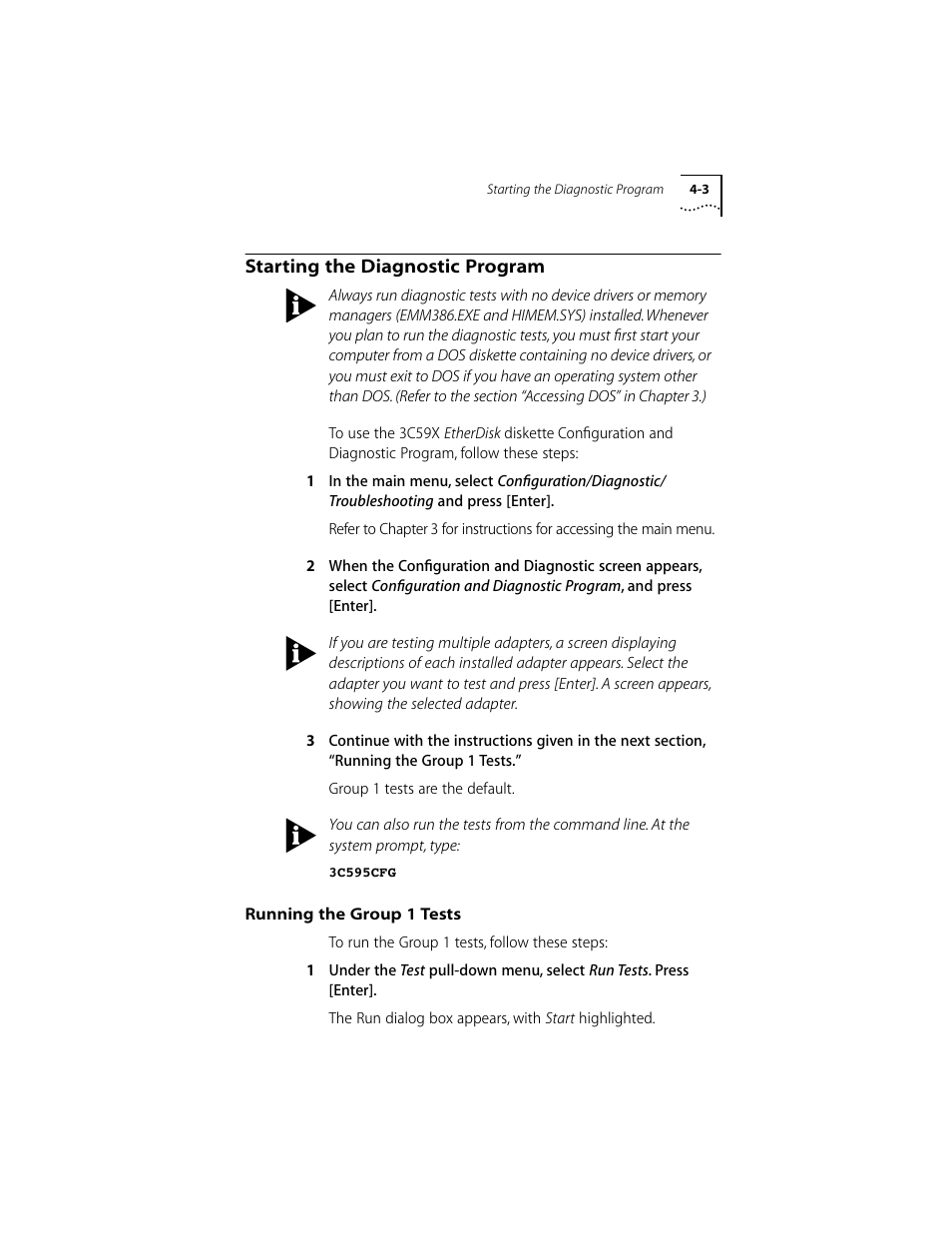 Starting the diagnostic program, Running the group 1 tests, Starting the diagnostic program 4-3 | Running the group 1 tests 4-3 | 3Com 10/100BASE-T4 User Manual | Page 36 / 72
