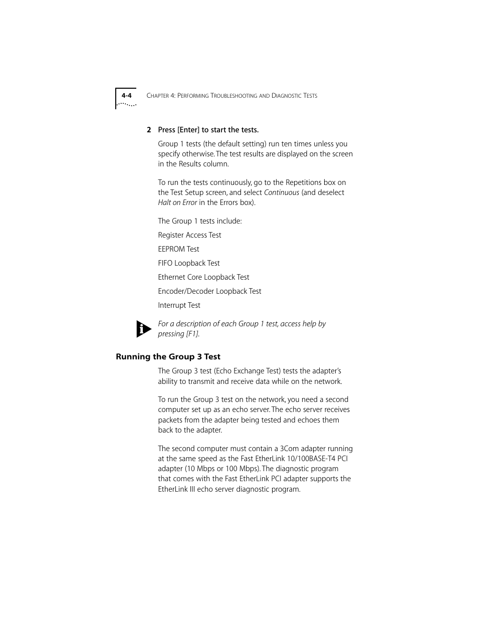 Running the group 3 test, Running the group 3 test 4-4 | 3Com 10/100BASE-T4 User Manual | Page 37 / 72