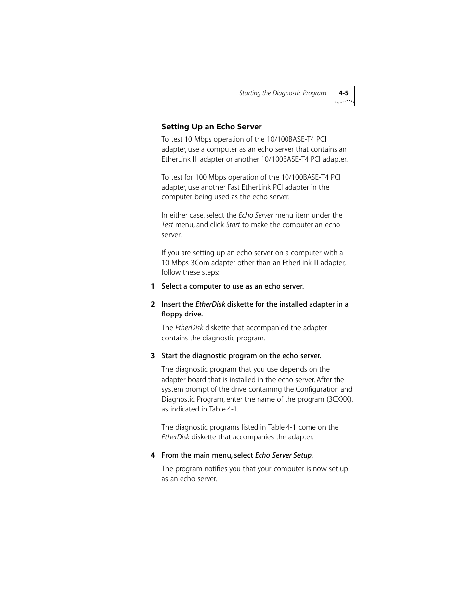 Setting up an echo server, Setting up an echo server 4-5 | 3Com 10/100BASE-T4 User Manual | Page 38 / 72