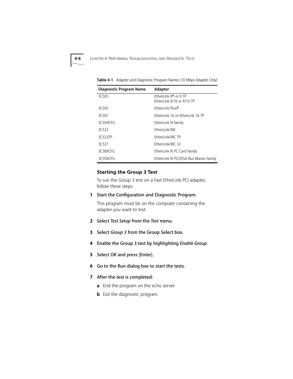 Starting the group 3 test, Starting the group 3 test 4-6 | 3Com 10/100BASE-T4 User Manual | Page 39 / 72