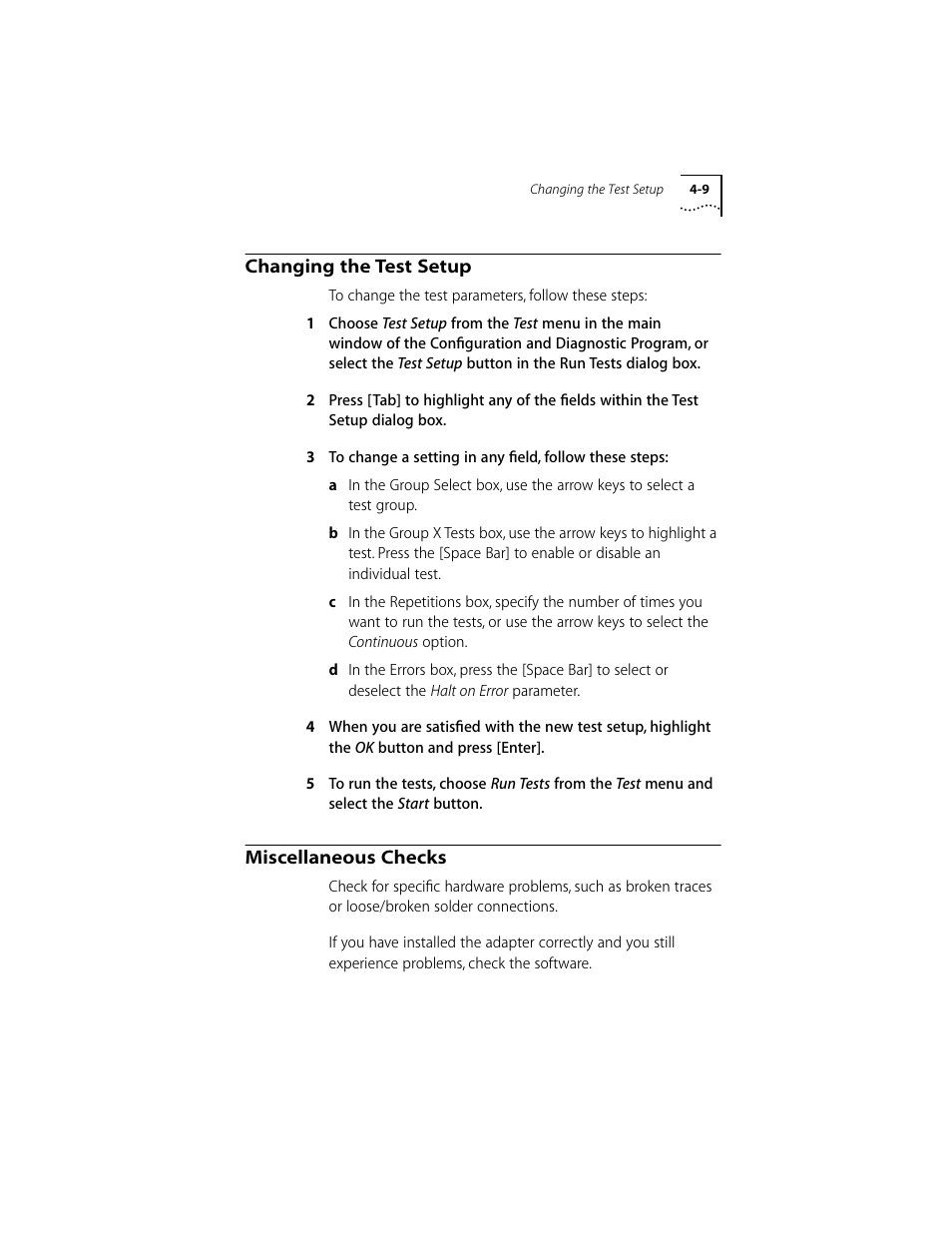 Changing the test setup, Miscellaneous checks, Changing the test setup 4-9 | Miscellaneous checks 4-9 | 3Com 10/100BASE-T4 User Manual | Page 42 / 72