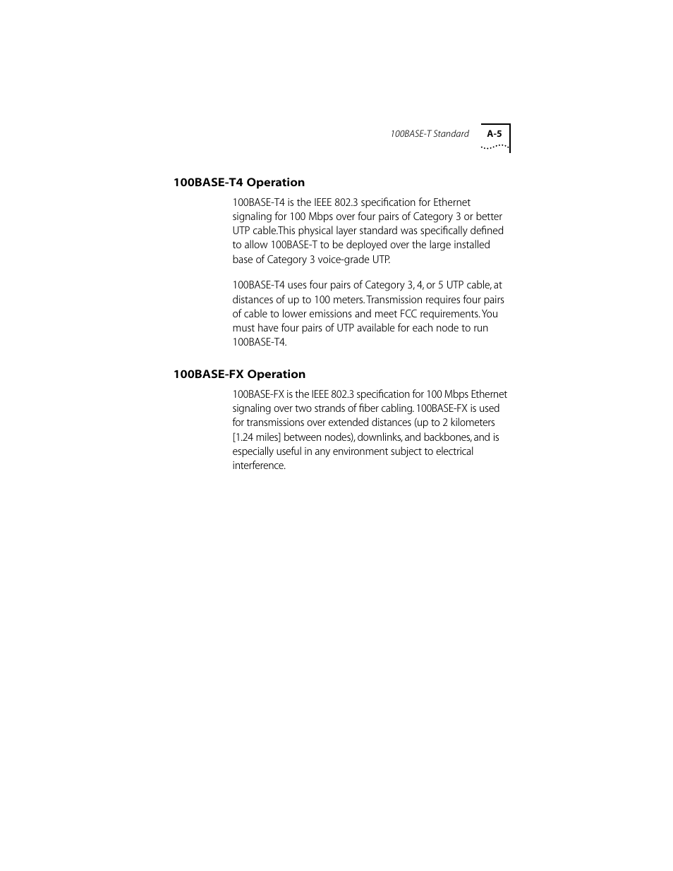 100base-t4 operation, 100base-fx operation, 100base-t4 operation a-5 | 100base-fx operation a-5 | 3Com 10/100BASE-T4 User Manual | Page 48 / 72