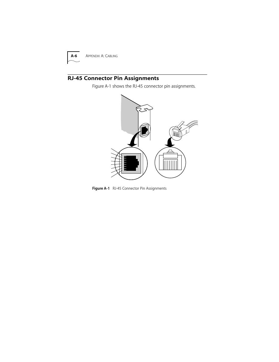 Rj-45 connector pin assignments, Rj-45 connector pin assignments a-6, A-6 a | A: c, Figure a-1 rj-45 connector pin assignments | 3Com 10/100BASE-T4 User Manual | Page 49 / 72