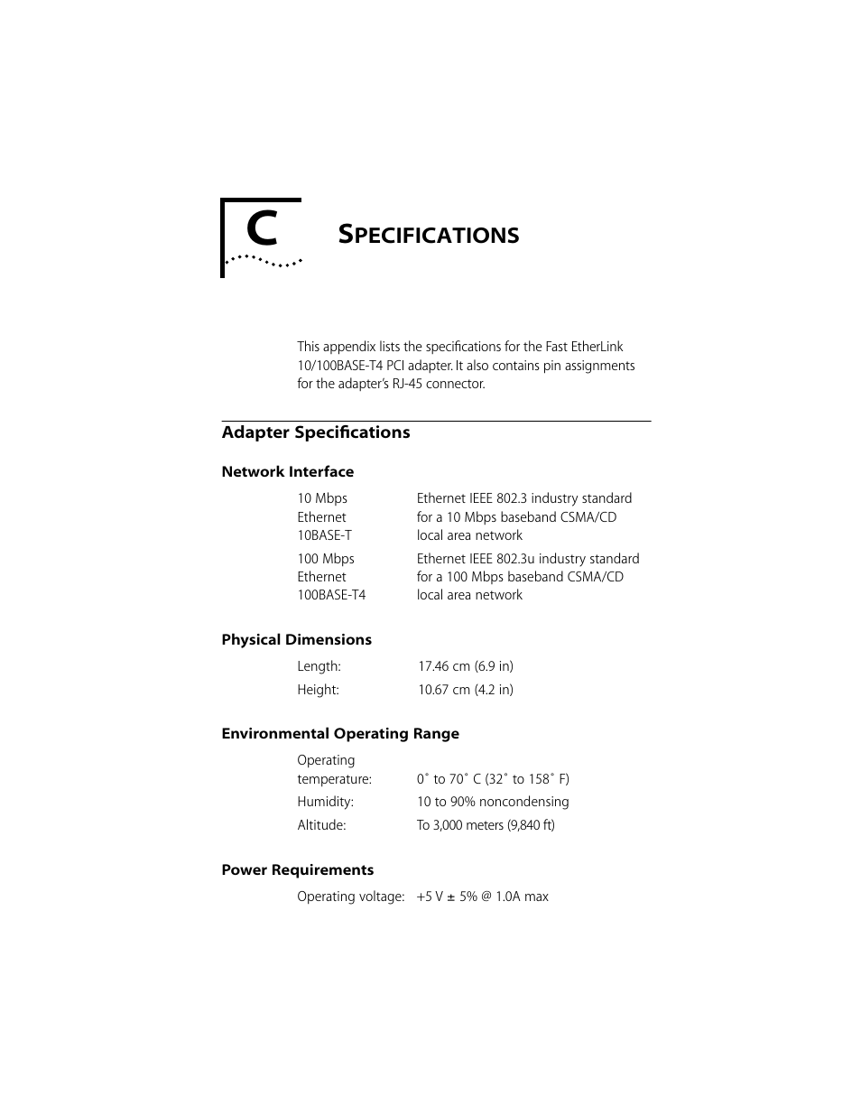 Specifications, Adapter specifications, Network interface | Physical dimensions, Environmental operating range, Power requirements, Pecifications | 3Com 10/100BASE-T4 User Manual | Page 55 / 72