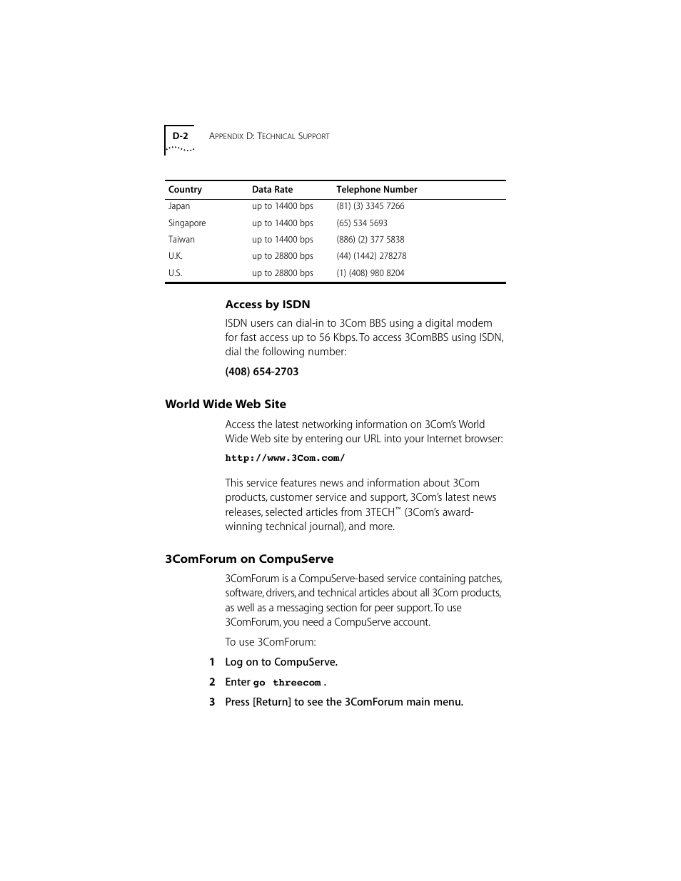Access by isdn, World wide web site, 3comforum on compuserve | Access by isdn d-2, World wide web site d-2, 3comforum on compuserve d-2 | 3Com 10/100BASE-T4 User Manual | Page 57 / 72