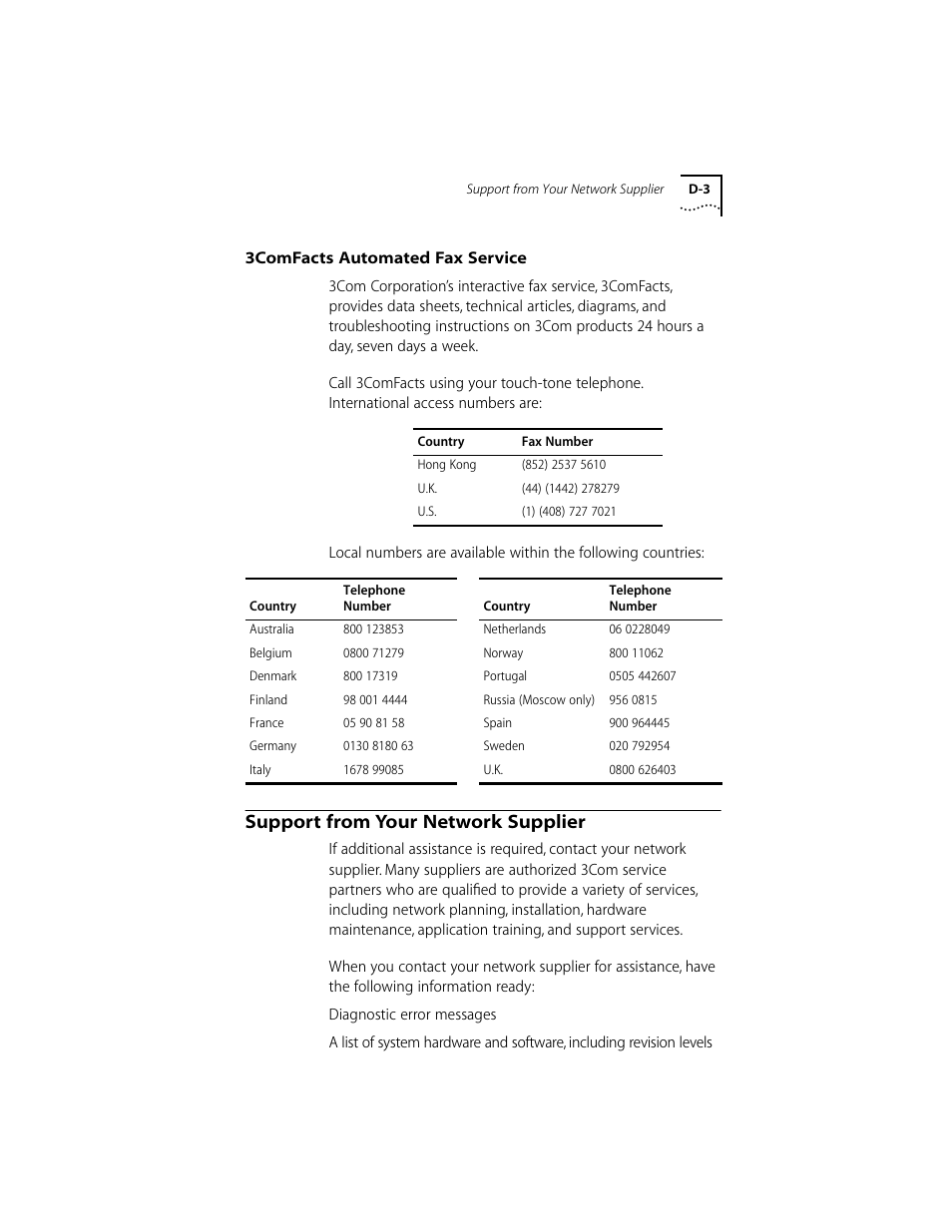 3comfacts automated fax service, Support from your network supplier, 3comfacts automated fax service d-3 | Support from your network supplier d-3 | 3Com 10/100BASE-T4 User Manual | Page 58 / 72