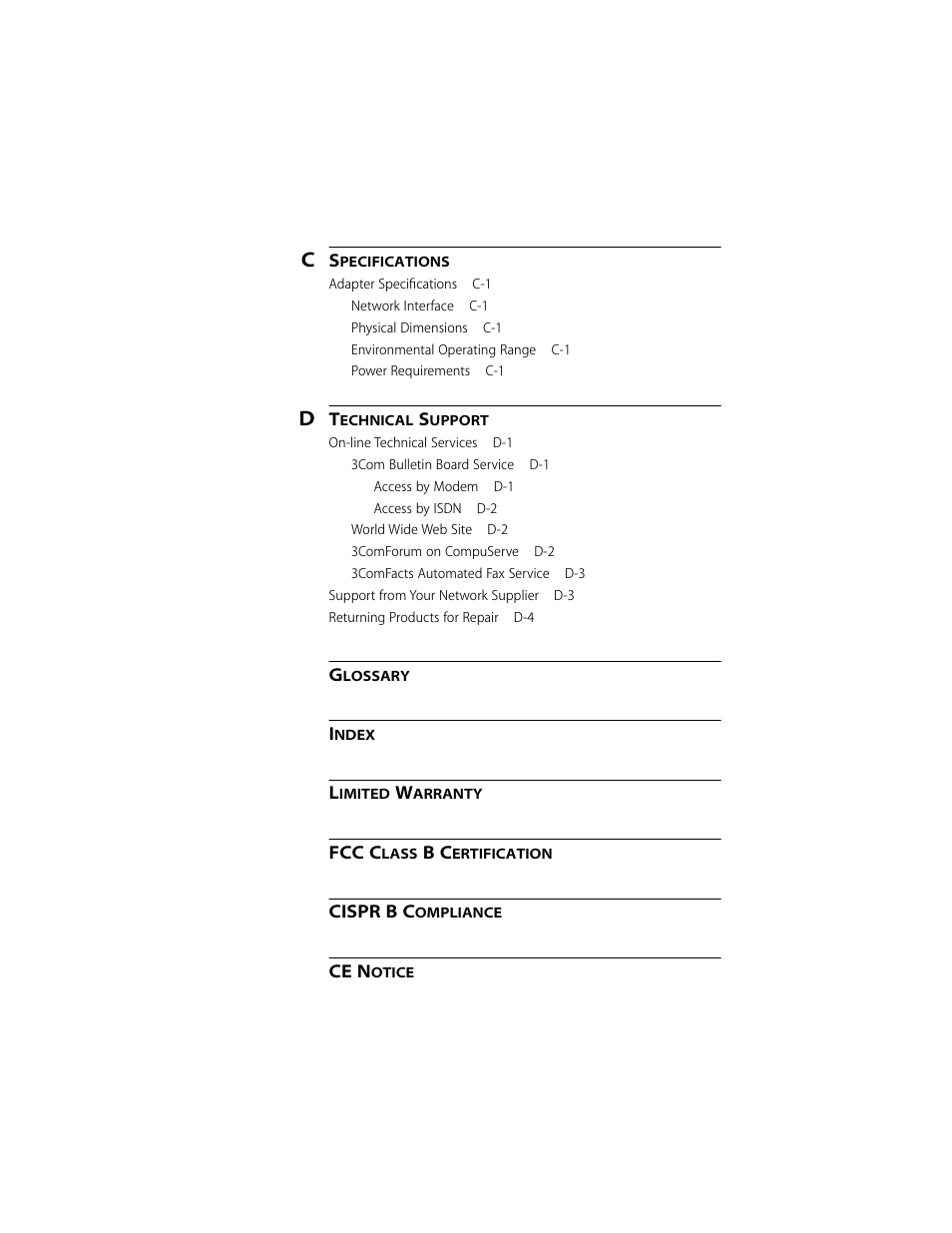 Specifications, Technical support, Glossary | Index, Limited warranty, Fcc class b certification, Cispr b compliance, Ce notice | 3Com 10/100BASE-T4 User Manual | Page 7 / 72