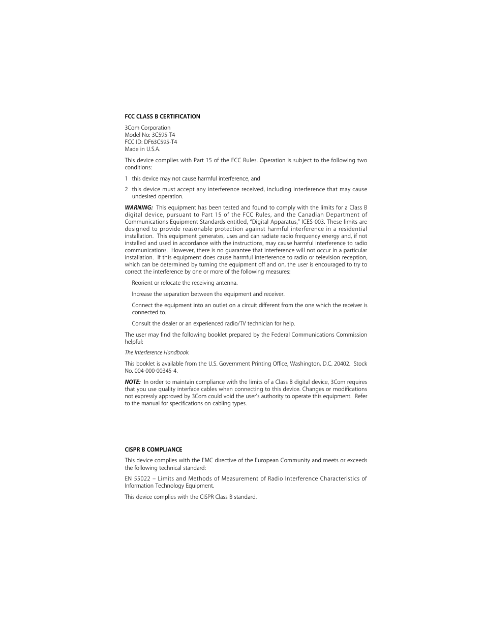 Fcc class b certification, Cispr b compliance, Fcc c | Lass, Ertification, Cispr b c, Ompliance | 3Com 10/100BASE-T4 User Manual | Page 71 / 72