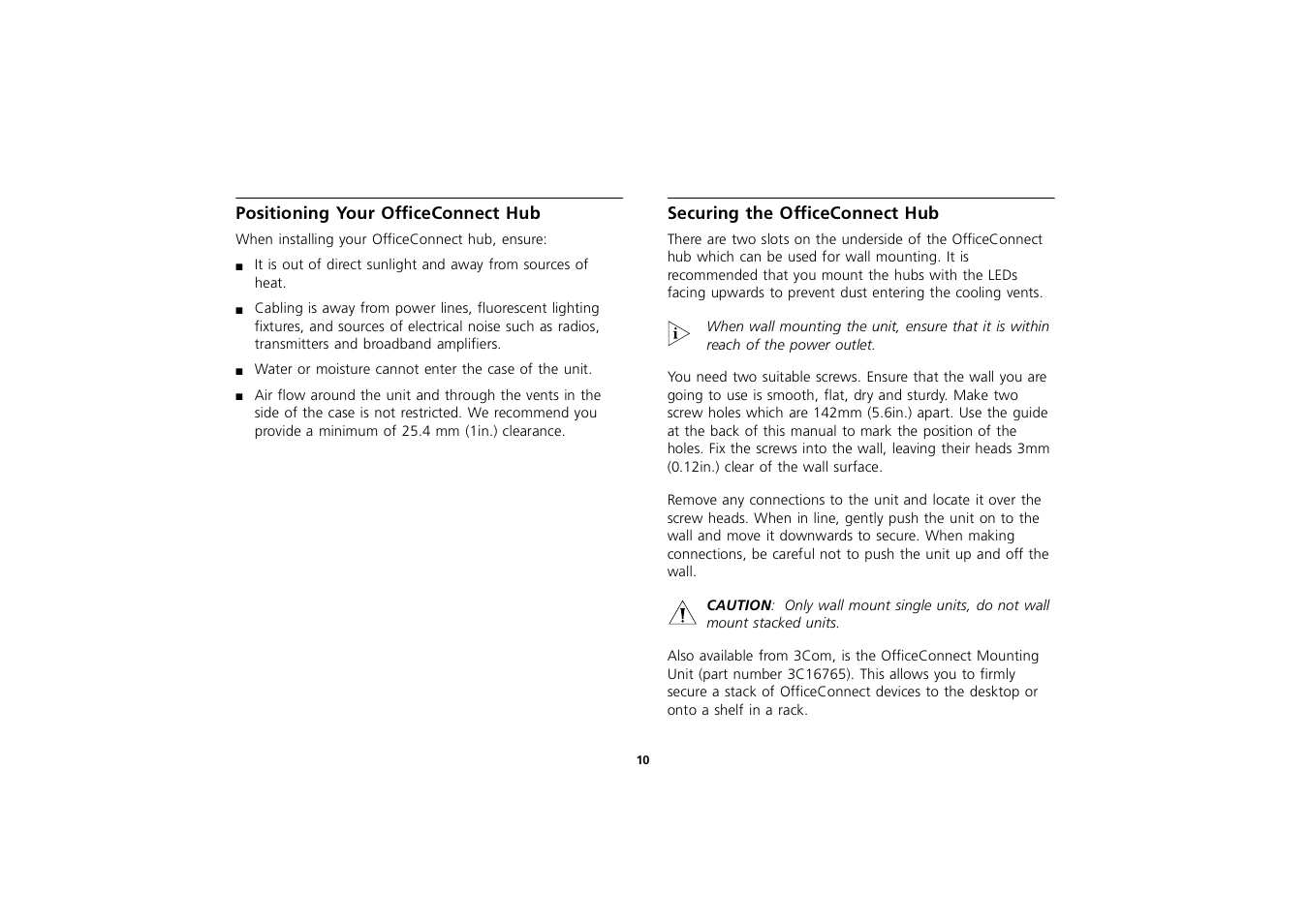 Positioning your officeconnect hub, Securing the officeconnect hub, Positioning your officeconnect hub 10 | Securing the officeconnect hub 10 | 3Com 3C16702A User Manual | Page 10 / 22