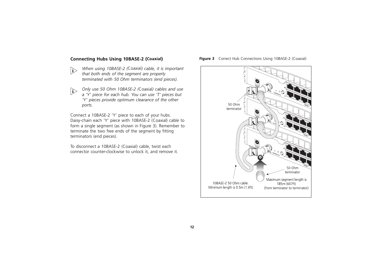 Connecting hubs using 10base-2 (coaxial), Connecting hubs using 10base-2 (coaxial) 12 | 3Com 3C16702A User Manual | Page 12 / 22