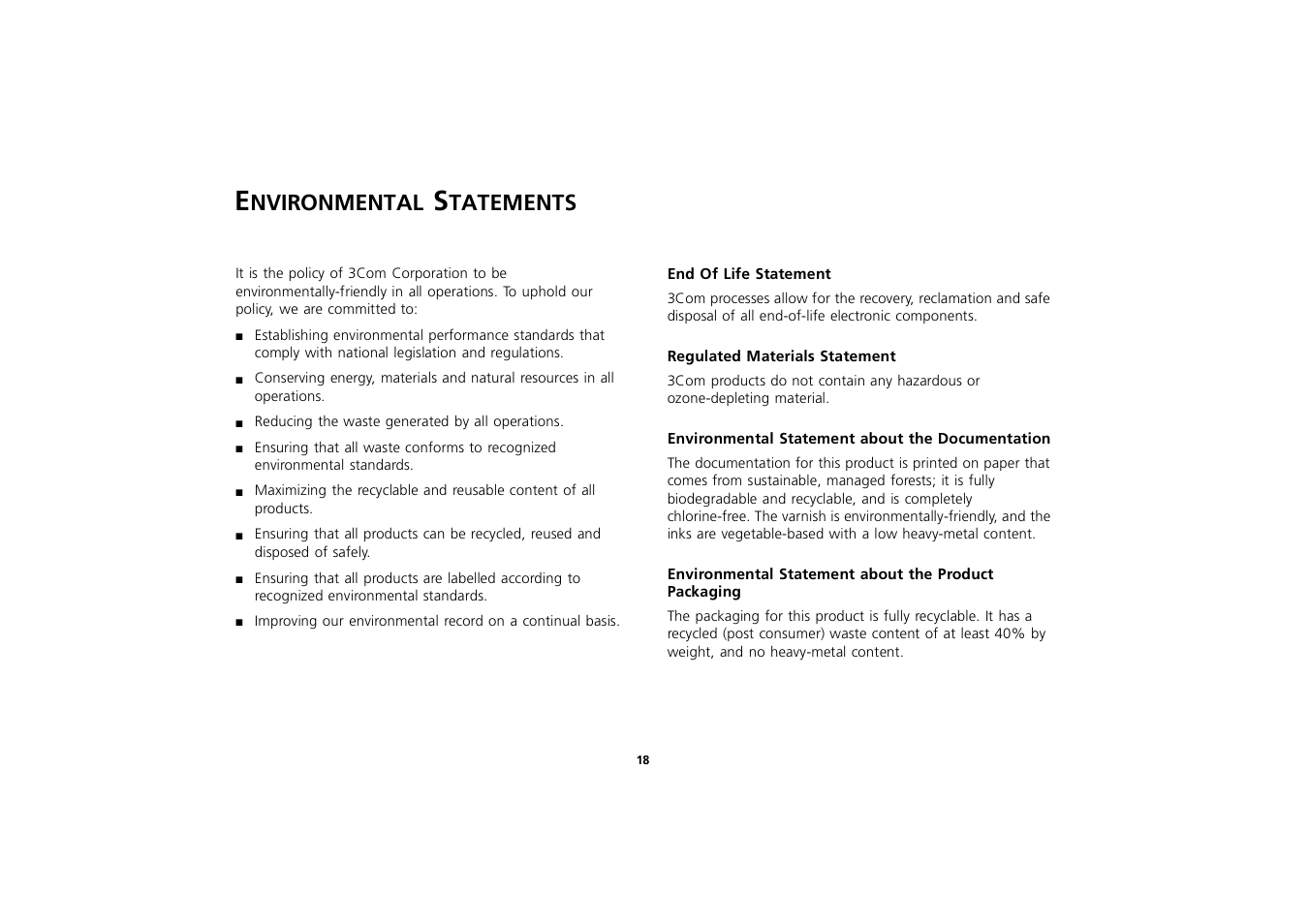 Environmental statements, End of life statement, Regulated materials statement | Environmental statement about the documentation, Environmental statements 18, End of life statement 18, Regulated materials statement 18, Environmental statement about the documentation 18, Nvironmental, Tatements | 3Com 3C16702A User Manual | Page 18 / 22