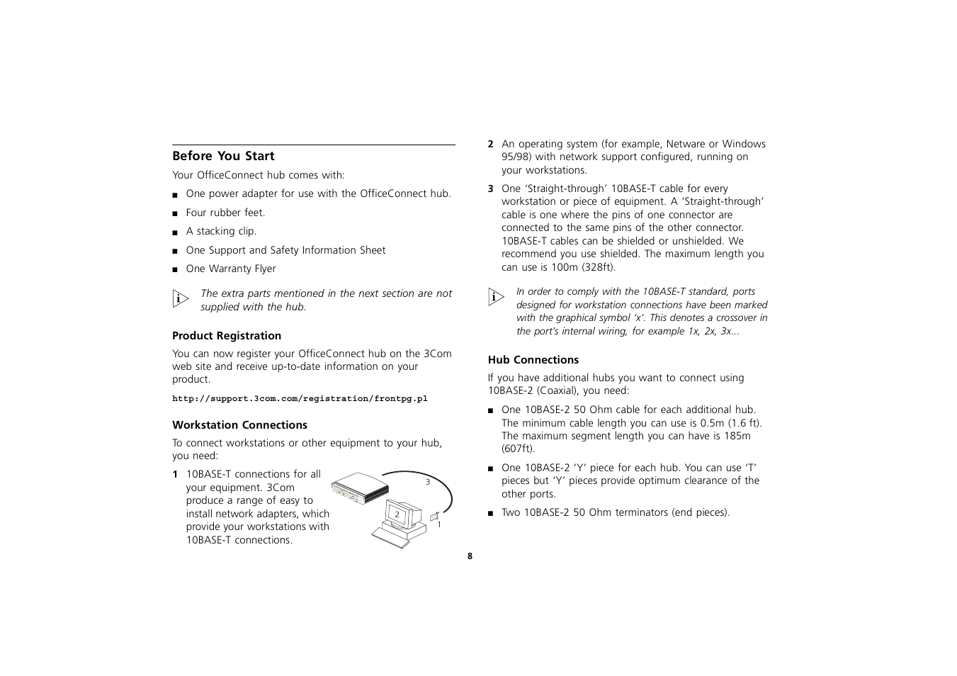 Before you start, Product registration, Workstation connections | Hub connections, Before you start 8, Product registration 8, Workstation connections 8, Hub connections 8 | 3Com 3C16702A User Manual | Page 8 / 22