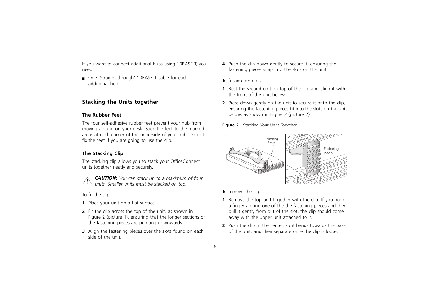 Stacking the units together, The rubber feet, The stacking clip | Stacking the units together 9, The rubber feet 9, The stacking clip 9 | 3Com 3C16702A User Manual | Page 9 / 22