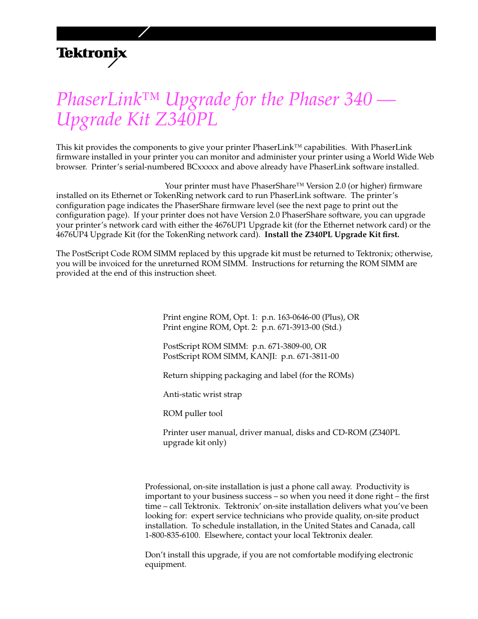 Tektronix Kit Z340PL User Manual | 6 pages